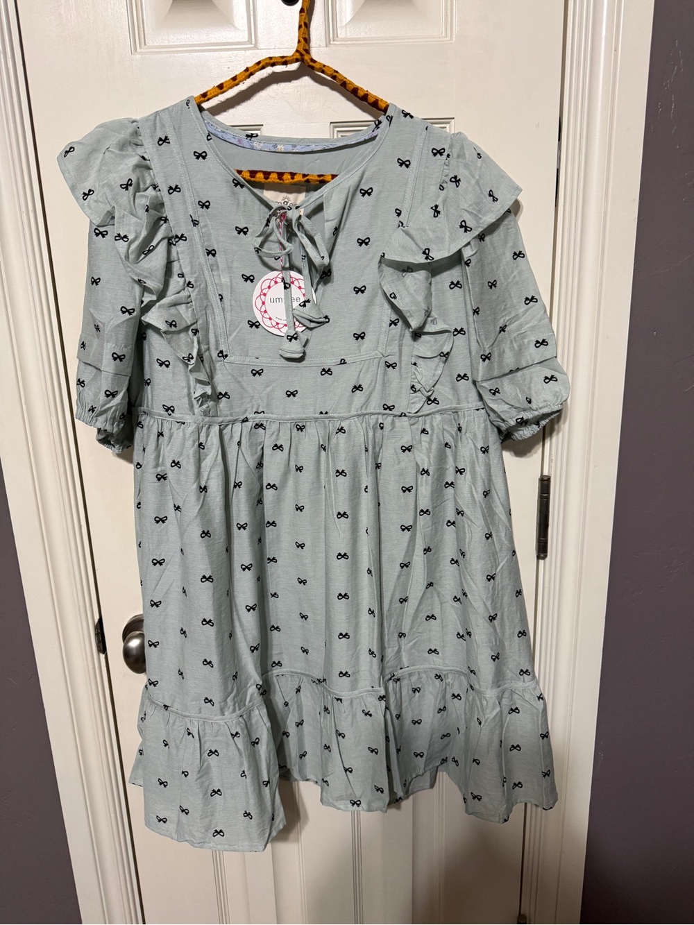 Umgee Light Sage Ruffle Bow Print Dress